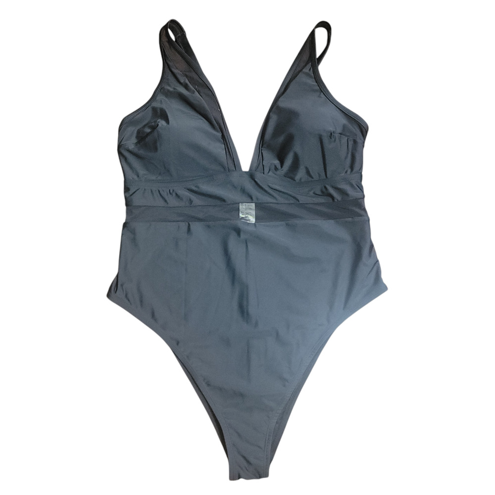 Cupshe Swimsuit V Neck Black 2X Mesh Sheer Panel Minimalist Plus One Piece